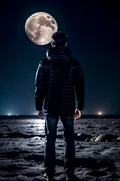 A man standing in the front of moon on a meteor Solo, Blue eyes, Black Hair, 