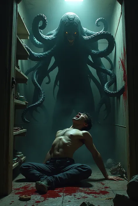 a dark octopus-like scary shadow figure attacking a terrified man in a basement, blood, gore, nightmare 