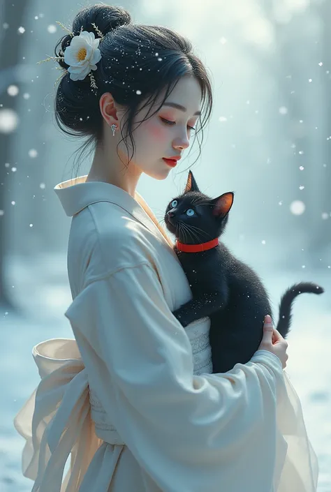 Snow Woman　kimono　Holding a cute black cat kitten　Red collar　Crystal of snow　Snowstorm