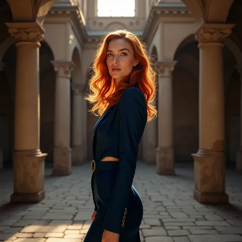 Full body, breathtaking beautiful redhead woman, instagram model pose, looking at the viewer, detailed gorgeous eyes and lips, long eyelashes, wearing custom-made dark blue womens suit, skirt, she is inside the colosseum in Italy, dramatic lighting, detail...