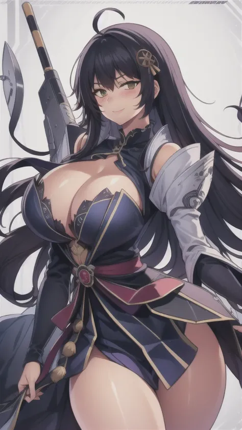 masterpiece,best quality,kim_kwang_hyun, 1girl,musashi , large breasts, large Long hair, Blueish-black hair, bangs, solo, big busty , large huge breasts, looking at viewer,  clear brown colored eyes, Large Long hair, blueish-black hair, large huge breasts,...