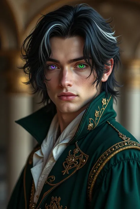 A medieval male character with black hair and white highlights, handsome and sexy, with one green eye and one purple eye.