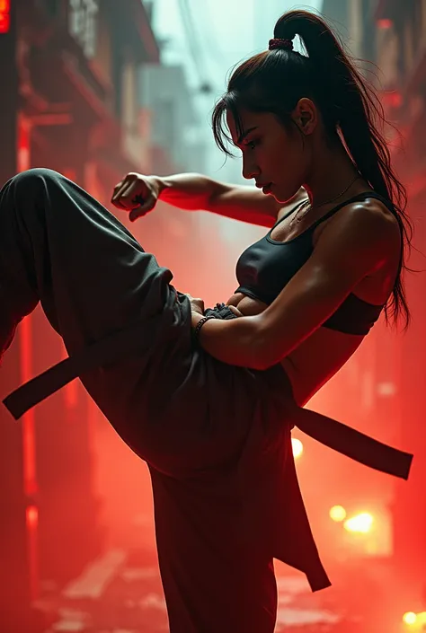 {{masterpiece, Highest quality, Highly detailed CG, unity 8k wallpaper, Cinema Lighting}}, Woman doing an upper roundhouse kick, Strong-willed woman, fear, pain, Vibrant, Beautiful silhouette,