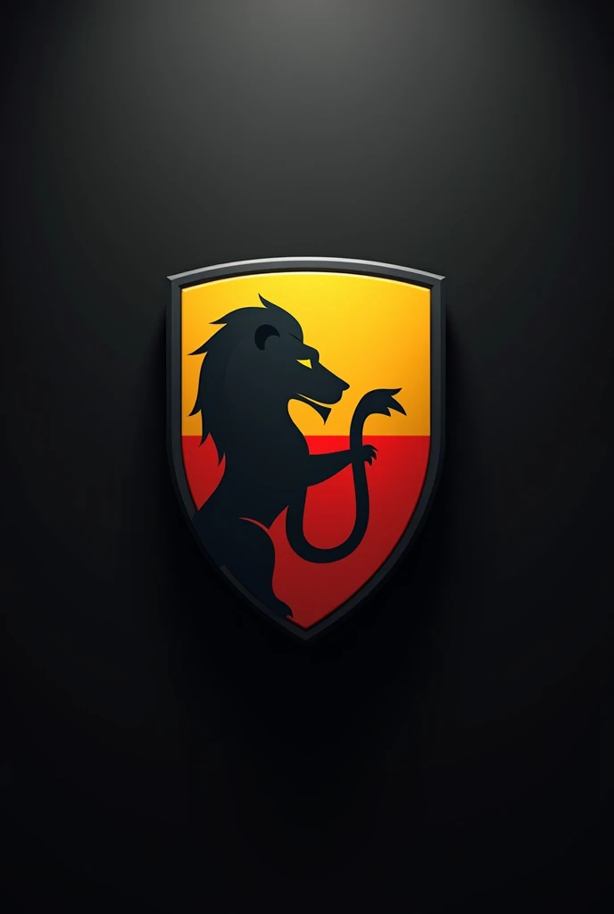 Modern shield With the logo of a simple lion with a black and gray shield background and a yellow and red front that highlights the phrase (LEON LEGION)