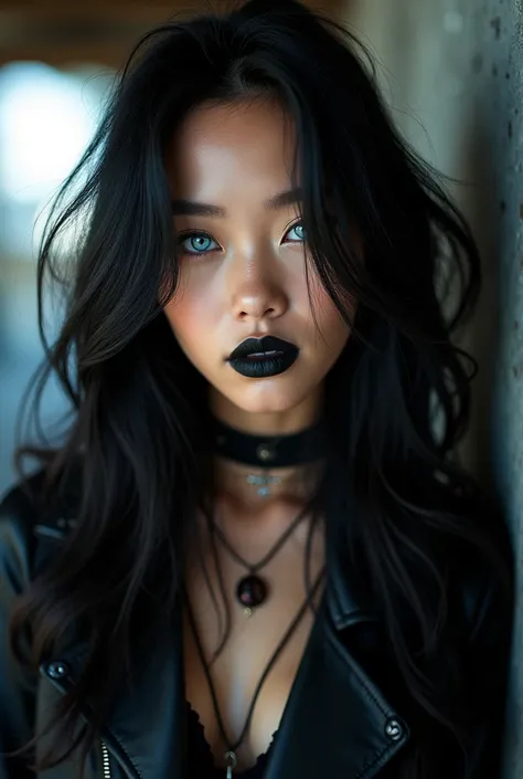 Korean girl with blue eyes and black long hair, and rock style photos 