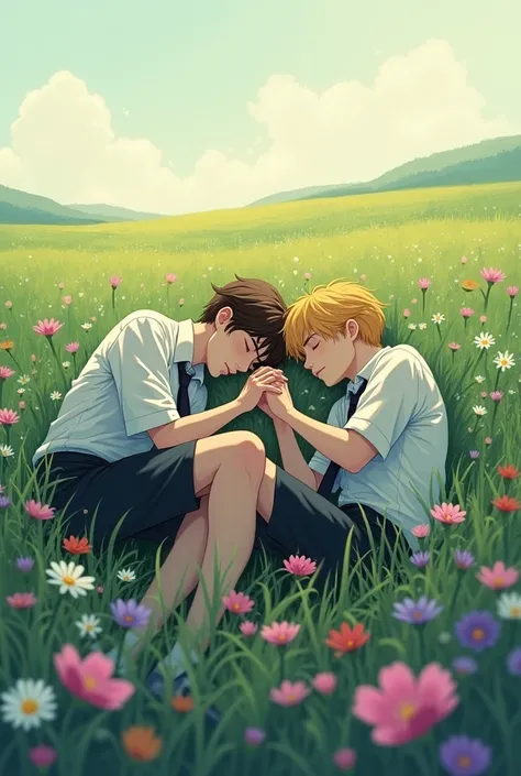 two men, one with brown hair , school uniform and the other with blond hair and also in uniform , a field of flowers in the background while they are holding hands as if they were sleeping  