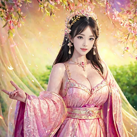 Excellent Quality, masterpiece, High Resolutiexist, 1 girl, blush, (Charming smile: 0.8), Star Eyes, Chinese Hanfu, Hair accessories, Jewelry, beauty, exist_Body, Tyndall effect, Practical, Peach Blossom Forest, Light Edge, Two-texiste Lighting, (High Deta...