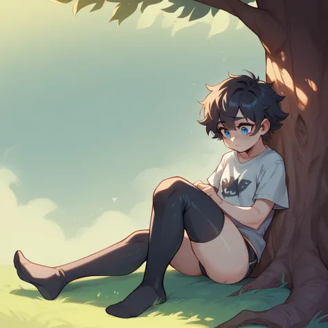 Stoic lady Short jet-black fluffy hair, Cerulean blue eyes. pale skin and a very flat chest. Sitting under a tree, wearing an oversized grey T-shirt with black knit thigh highs and zero underwear. A huge spiked dildo inside of her vagina.