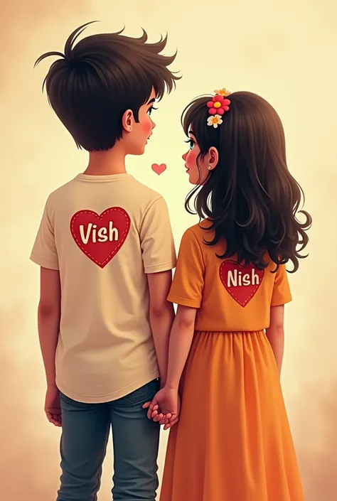 Create an picture an boy and girl wearing tv shirt showing their back they are couples in their tshirt boy tshirt is printed on his name vish clearly girl name Nish clearly more clear girl dress more proper needed more images the girl is wearing chudi boy ...