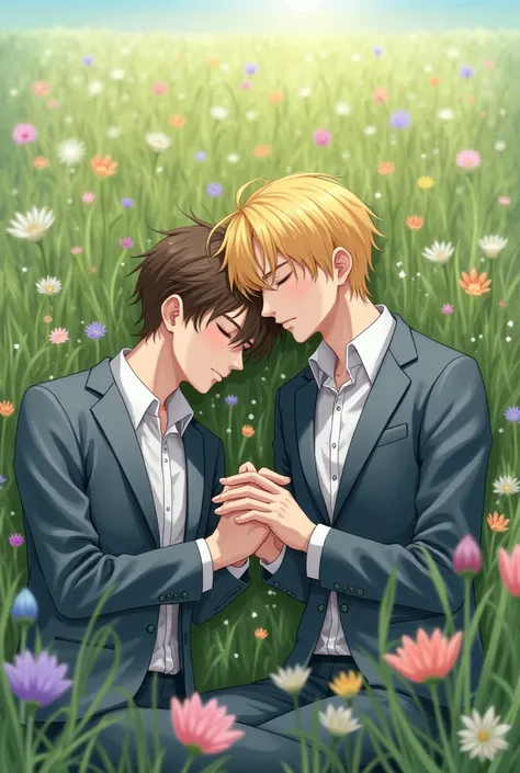 two men, one with brown hair , school uniform and the other with blond hair and also in uniform , a field of flowers in the background while they are holding hands as if they were sleeping  