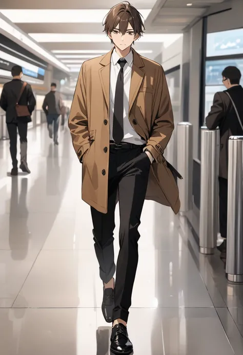 ((Top Quality)), ((Masterpiece)), Perfect Face, White Collared Shirt. A 20-year-old man with brown hair and a brown coat. black long pants. black shoes. Whole body. Walking through the airport.