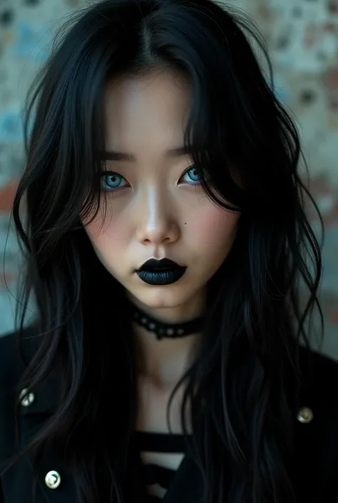 Korean girl with blue eyes and black long hair, and rock style photos 