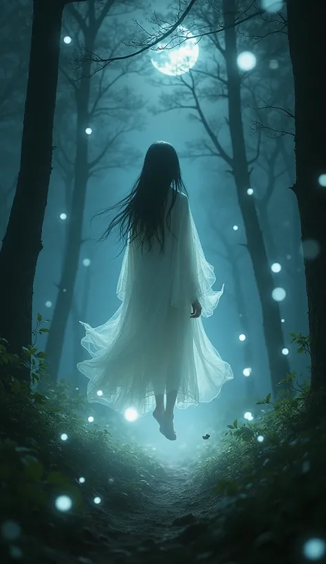 A realistic depiction of foxfire。This mysterious phenomenon that appears in Japanese legends、She is known as a mysterious girl who appears at night.。The image shows、It depicts multiple fireballs and a girl floating in a dark forest.。The pale glowing fireba...