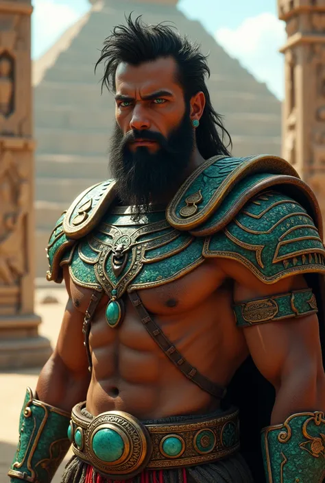 Aztec god with tanned skin, turquoise green eyes.  Dark, disheveled hair and a well-defined beard, athletic musculature, dressed in Aztec armor