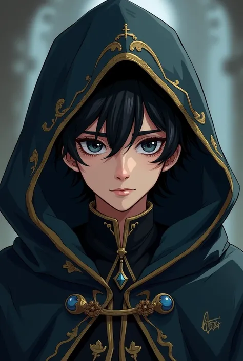 Handsome young man with a black hood partially covering his face, revealing piercing black eyes that seem to look through the soul. Her semi-long black hair falls, Framing her face with an air of mystery. He wears a dark medieval-style cloak, with subtle d...