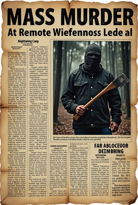 An old newspaper clipping about a camp called "nightwing", and a man with a black garbage bag on his head and an axe, who murders 16 people and then is murdered