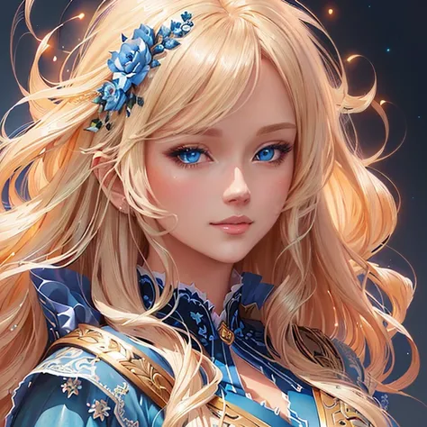 woman with blond hair and blue eyes in a blue dress, High quality detailed 8K graphics, detailed digital anime art, cute detailed digital art, fantasy art style, Beautiful character art, amazing art style, Trending on artstration, digital anime illustratio...