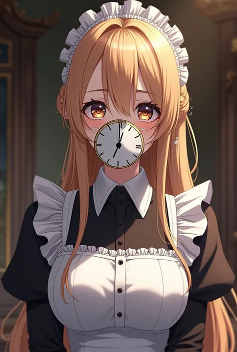 Anime version Woman with long blonde hair tied up, maid wearing a mask that covers her face with a clock design with two long hands