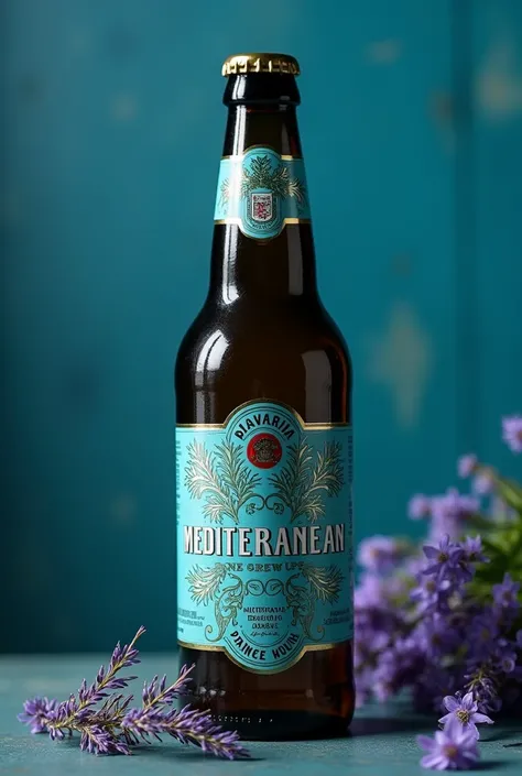 Create me an image with the following characteristics, taking into account that it is a brand of beer that would incorporate a mixture of Mediterranean herbs, like thyme, rosemary and lavender, which would not only give it a unique and refreshing flavor, b...