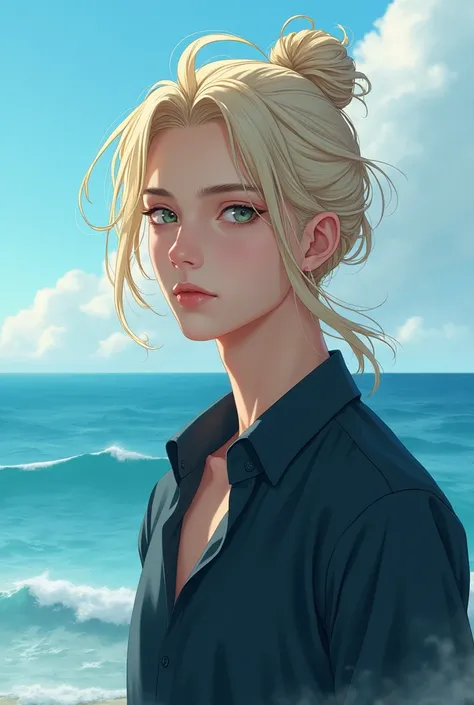 a handsome anime man, middle aged looking, with feminine features, man with blonde hair above his shoulder, tied in top knot standing by the sea