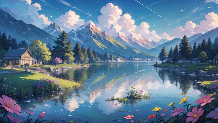 ((masterpiece)),((Highest quality)),((High Detail)),nobody,background, Color, vivid, fantasy, Colorful Lake, Colorful flowers, Pastel sky