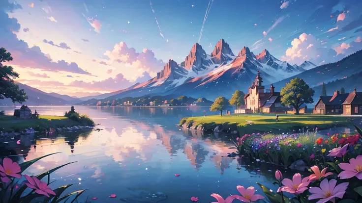 ((masterpiece)),((Highest quality)),((High Detail)),nobody,background, Color, vivid, fantasy, Colorful Lake, Colorful flowers, Pastel sky