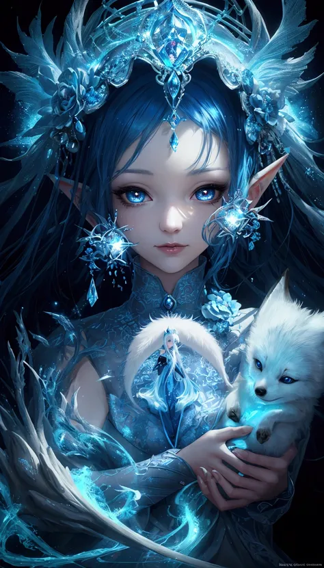 Close-up of a blue-haired woman holding a white fox, detailed Fantasy digital art, beautiful Fantasy Art Portrait, digital fantasy art ), Beautiful fantasy art, trending digital fantasy art, Beautiful digital artwork, Fantasy Art Portrait, Fantasy art styl...