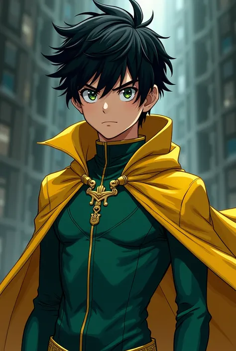 An 1 human with messy black hair wearing a suit resembling Deku&#39;s vigilante in all the details in a dark teal green color with a dark yellow cape in a 2D anime style. 