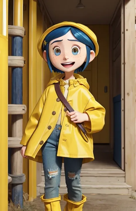 1girl, blue hair, brown eyes, freckles, pale skin, excited expression, yellow raincoat, jeans