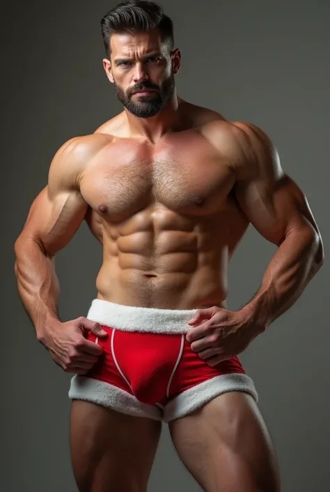 Sexy Santa Claus Man. Sexy man santa claus costume. Man in Christmas underwear. Man with a big bulge in his crotch. Man with a large bulge in his crotch. 肌肉男. seductive man.  Man in tight underwear. Christmas Boxer. masculine man. White spongy elastic, bri...