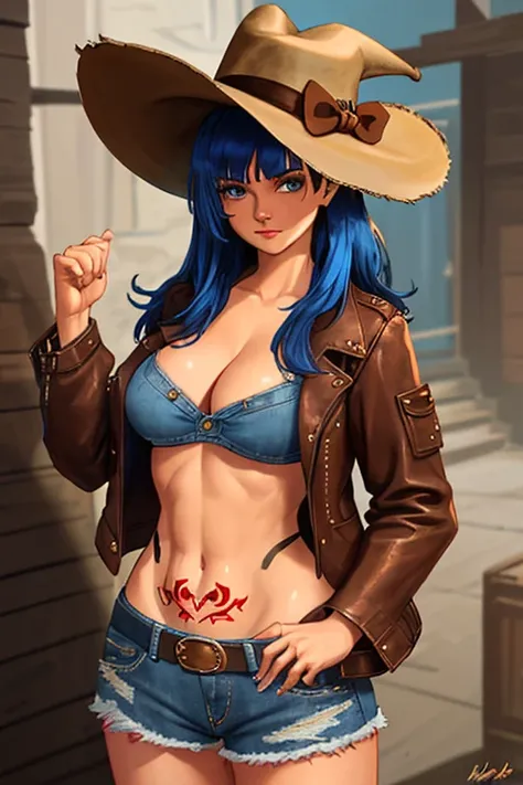 solo, western drama,woman,Large Breasts,Cleavage,Mini denim shorts,Western Hat,Standing bewitching,Gaze Here,Proud face,Brown leather jacket,Blue Hair,Medium Hair,western dramaの酒場,Belly button,Tattoo on abdomen