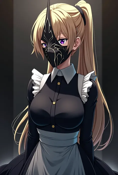 Anime version Woman with long blonde hair tied up, maid wearing a mask that covers her entire face with a clock design with two long hands, aura as an assassin