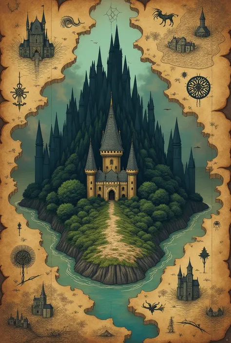 Old fantasy map with a forbidden forest and two kingdow and a castle alone beside forbidden forest