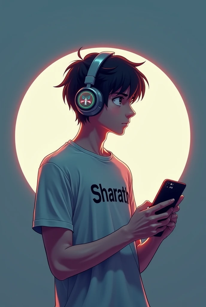 Create an logo of introvert 20 year old boy wearing a anime t sirt and headphone and playing video game  in his smartphone in a background create a circle and inside the circle create an empty room  write SHARATH in his t sirt and write ARMOUR in smartphon...