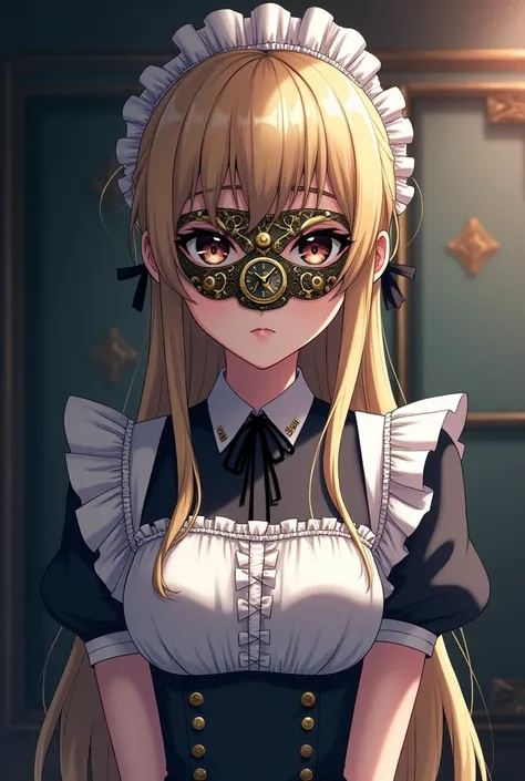 Anime version Woman with long blonde hair tied up, maid wearing a mask that covers her entire face with a clock design with two long hands.