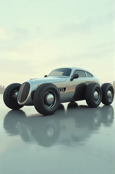 A car with 5 wheels and one tire