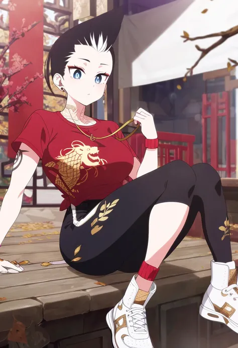 woman,short white hair cut on the sides brushed back mohawk style ,tattoos on the neck, ,bright eyes pink ,black legging pants,White sneakers,red oriental t-shirt with gold details,Big ass , branch print with leaves,red wristband,large body,anime