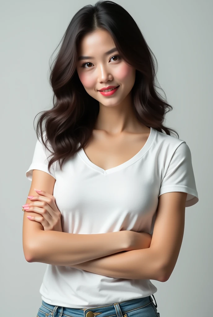 photorealistic photo+high resolution+very sharp+Thai women+Dark brown wavy hair+Perfectly beautiful face+Perfectly proportioned figure+sexy+Wear a white t-shirt+Jeans+Stand alone.+Stand with arms crossed+Anatomically correct+Masterpiece+best quality+realis...