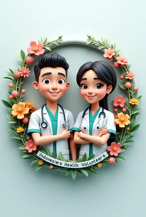 3D text logo that says &quot;INDONESIAN HEALTH VOLUNTEERS&quot; at the bottom, with male and female therapist mascots, Inside the circle there is a flower background which symbolizes health care