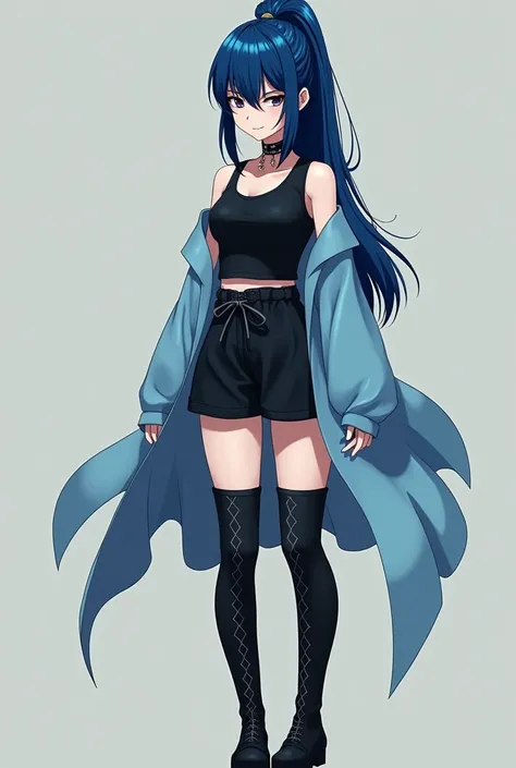 hair:

Color: Deep and vibrant blue, Striking and unique.
style: gathered in a long high ponytail, with straight bangs that cover the forehead. The locks on the sides fall in a straight line.
fur:

application: clara, porcelain type, which contrasts elegan...