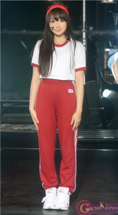 One girl, Junior high school student in gym clothes　White shirt　Red gym clothes　Full body image　No mask