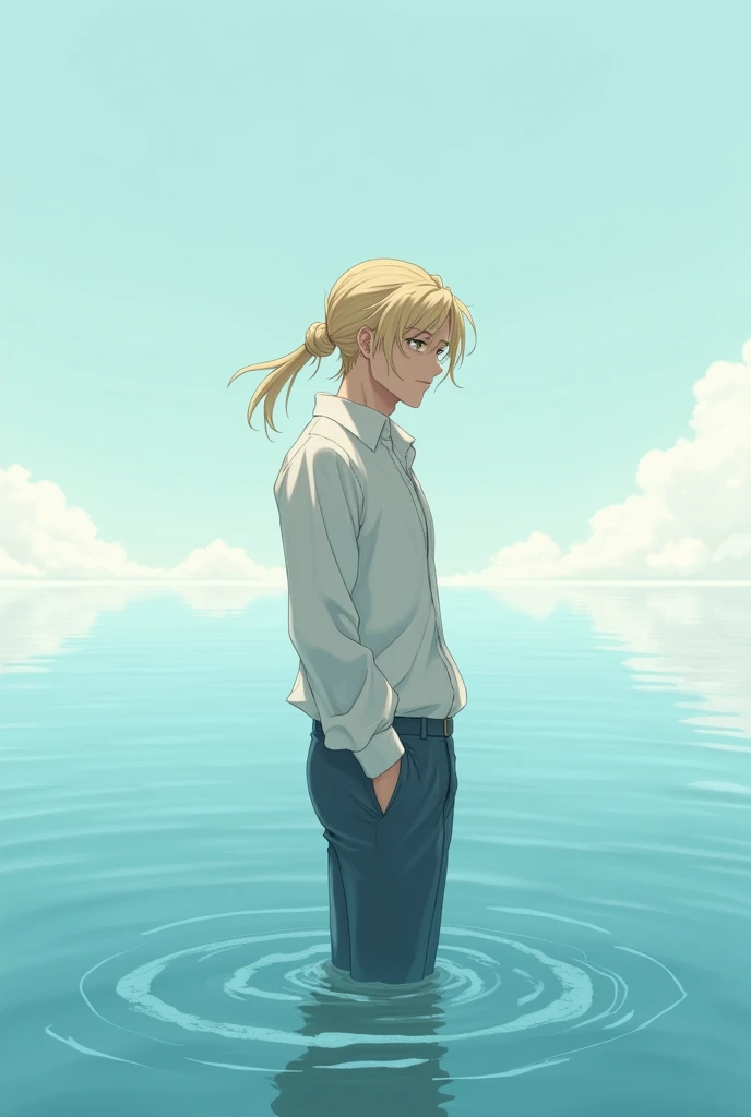 a handsome anime man, man with blonde hair above his shoulder, tied in top knot, feet soaked in water, with few feminine features, vast sea background