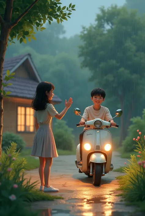 A teenage girls,  in a skirt,  girl blushing and nervous and happy , standing in garden, waving her hand watching a tall teenage boy riding a scooter infront of her house, its raining in the background, with evening sky