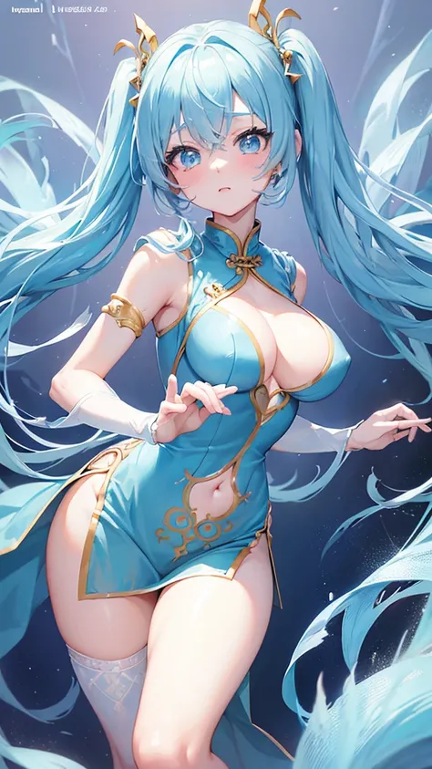 (((anime-style cute face)))、Light blue twintails、beautiful、blush、Very big eyes、anatomically correct body、Thighs、The face is bright、Professional Lighting、Very small breasts、(Highest quality1.5, Anime artwork, Anime Style, Studio Anime, Very detailed, Anime ...