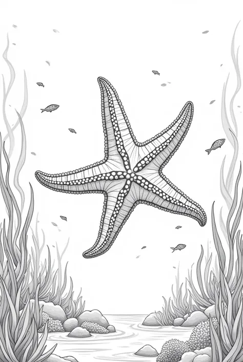 Create a black and white coloring page of a starfish under the sea 
