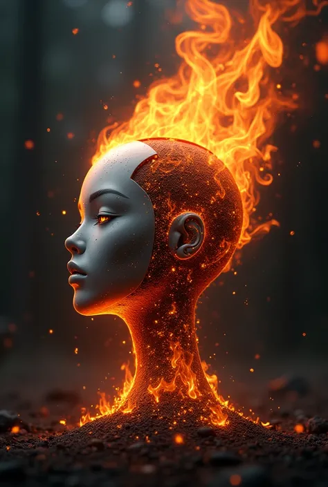 ((Best Quality)), ((masterpiece)), (detailed), musical note on fire without watermark merged with a head of ai