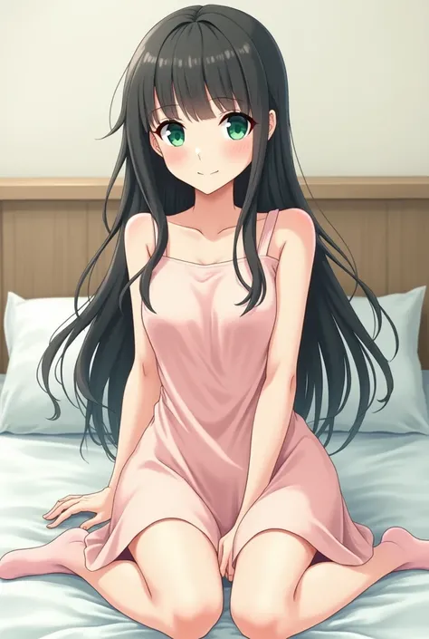 an adult girl with white skin and green eyes in the shape of a black haired girl and wearing a plain light pink dress and light pink thin socks in the anime style and sitting on the bed