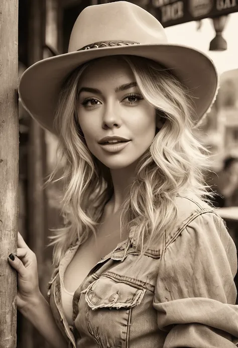 best qualityer, very well, 16K, incredibly absurdres, extremely detaild, dainty, Attractive and dynamic representation, beautiful woman wearing western hat, excited look, messy blonde hair, Western Fashion, superlative body proportions, Western movie style...