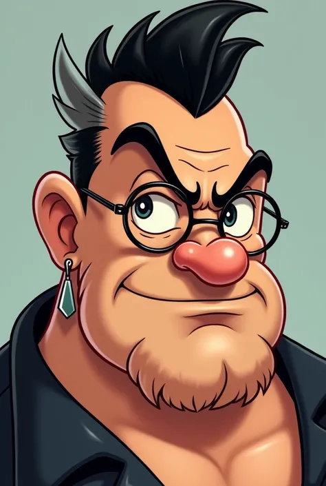 Bluto Popeye with aviator glasses, black and white hair, combed back, short black and white beard, with rings in the ears, 2d disney style, head on, full color, serious.