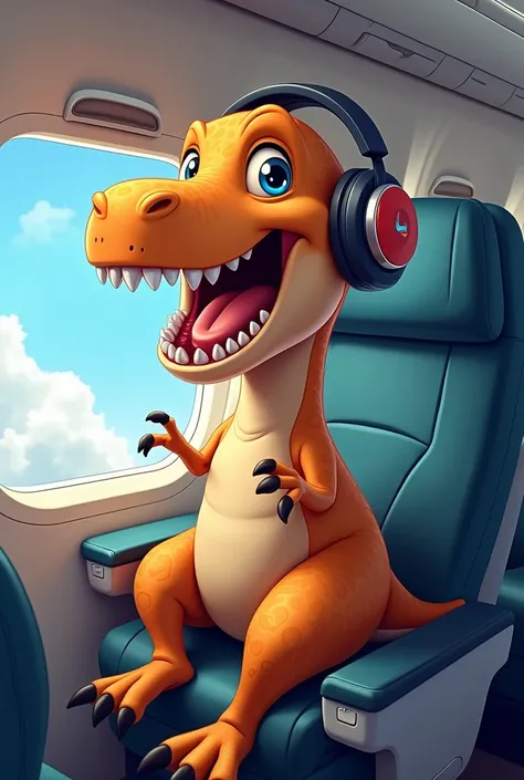 Happy dinosaur flying in a plane with headphones

